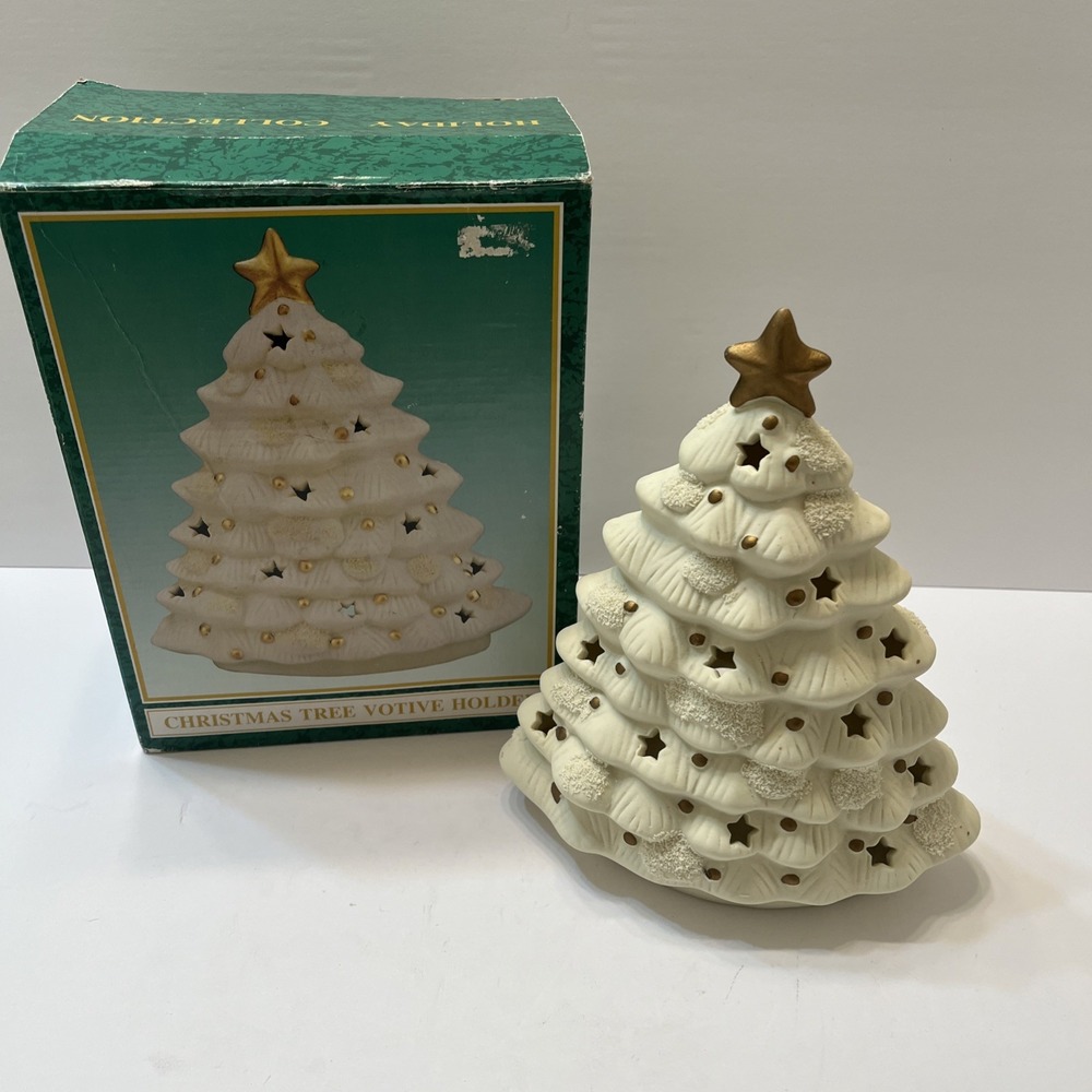 World Bazaars Inc Christmas Tree Votive Holder Ceramic with Gold Ornaments Star